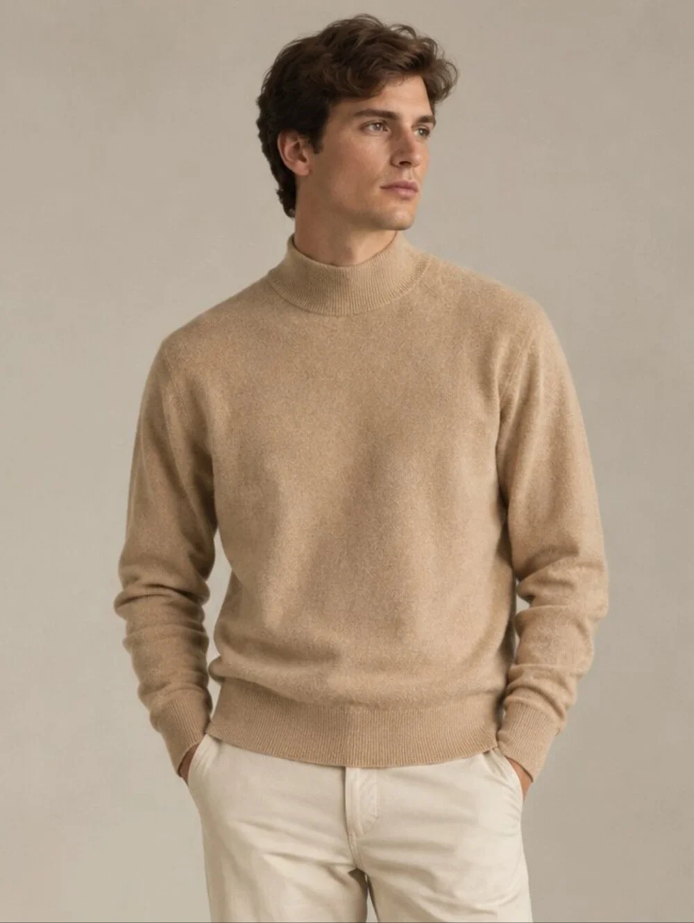 Men's Camel Turtleneck Sweater - Soft Knit
